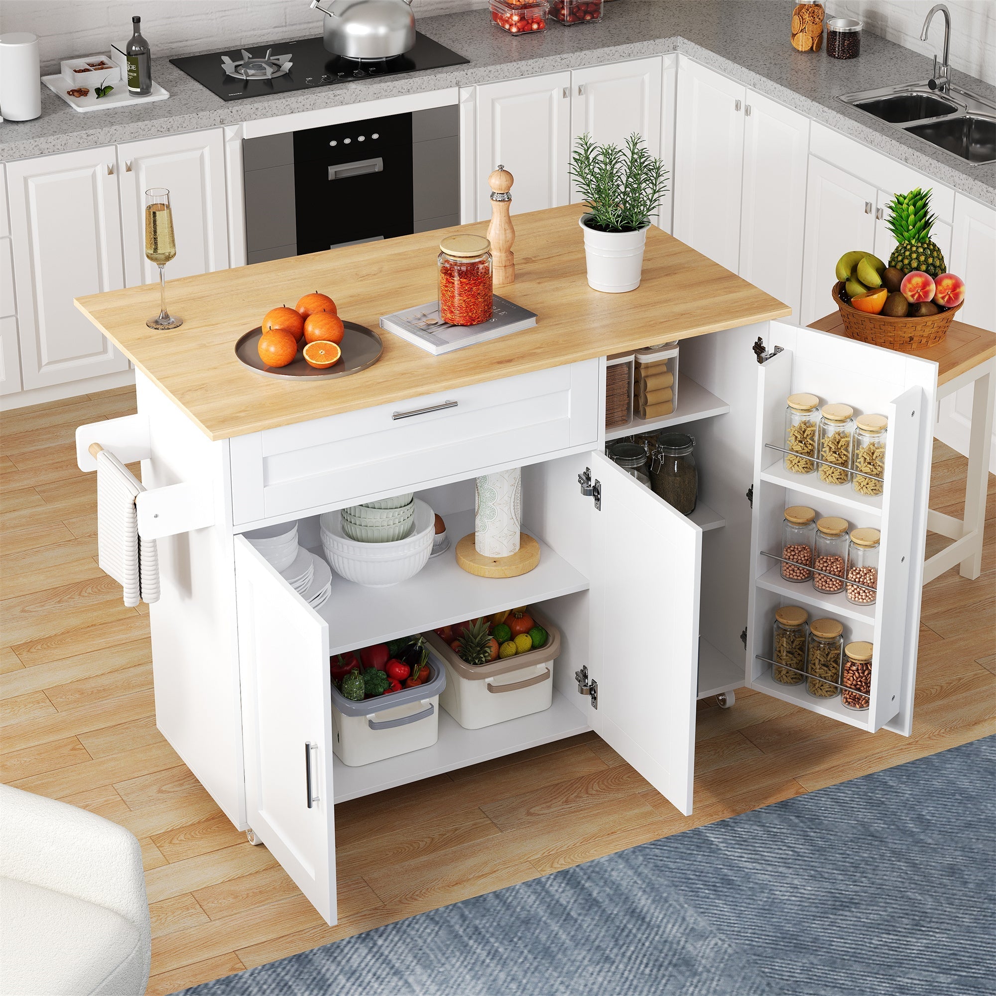 Mobile Kitchen Table 132.5cm Folding Worktop Storage Spice/Towel Rack - Oak Grain