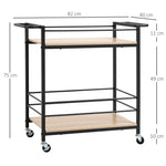 Serving Trolley, 2 Levels with Handle, Casters, Brakes, Wood