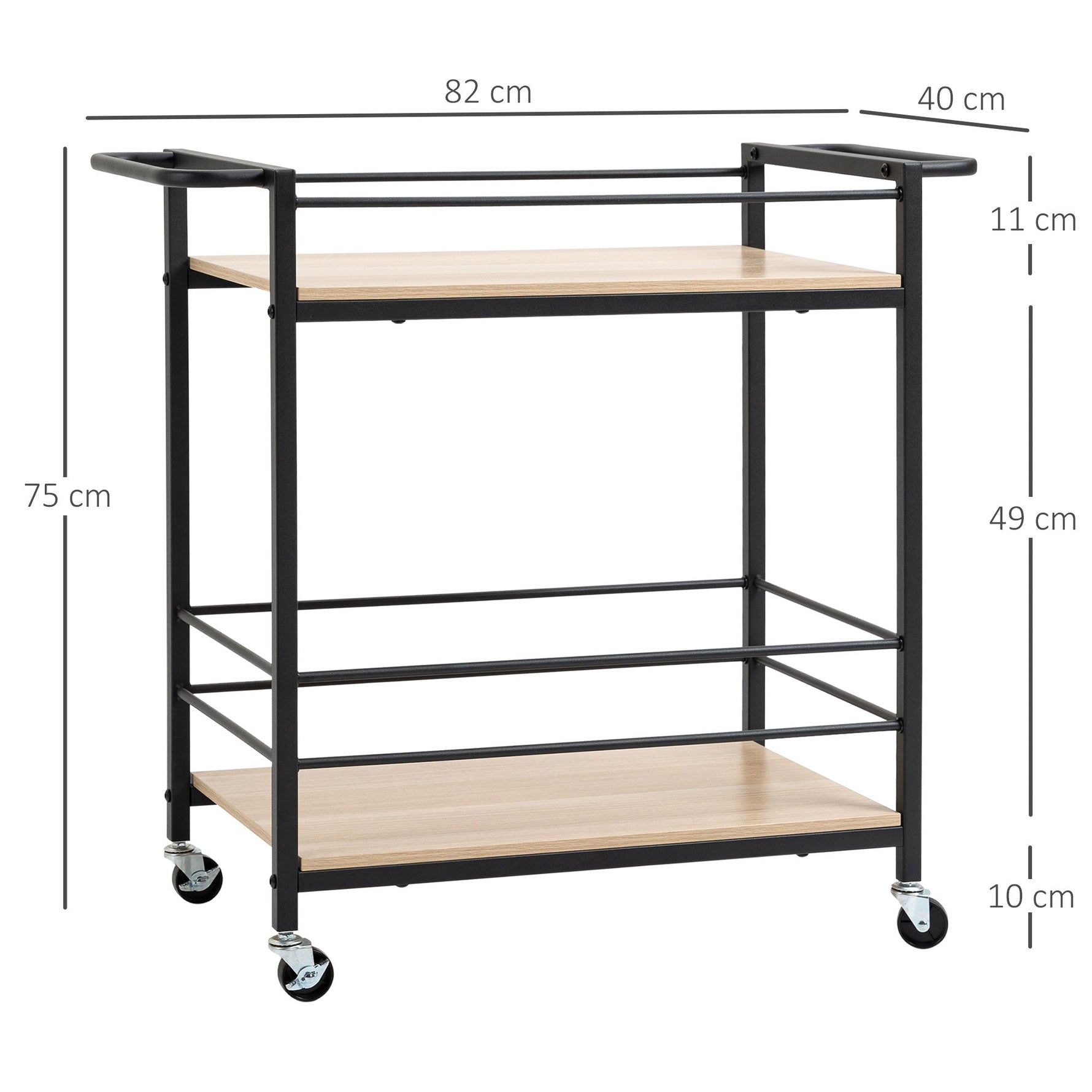 Serving Trolley, 2 Levels with Handle, Casters, Brakes, Wood