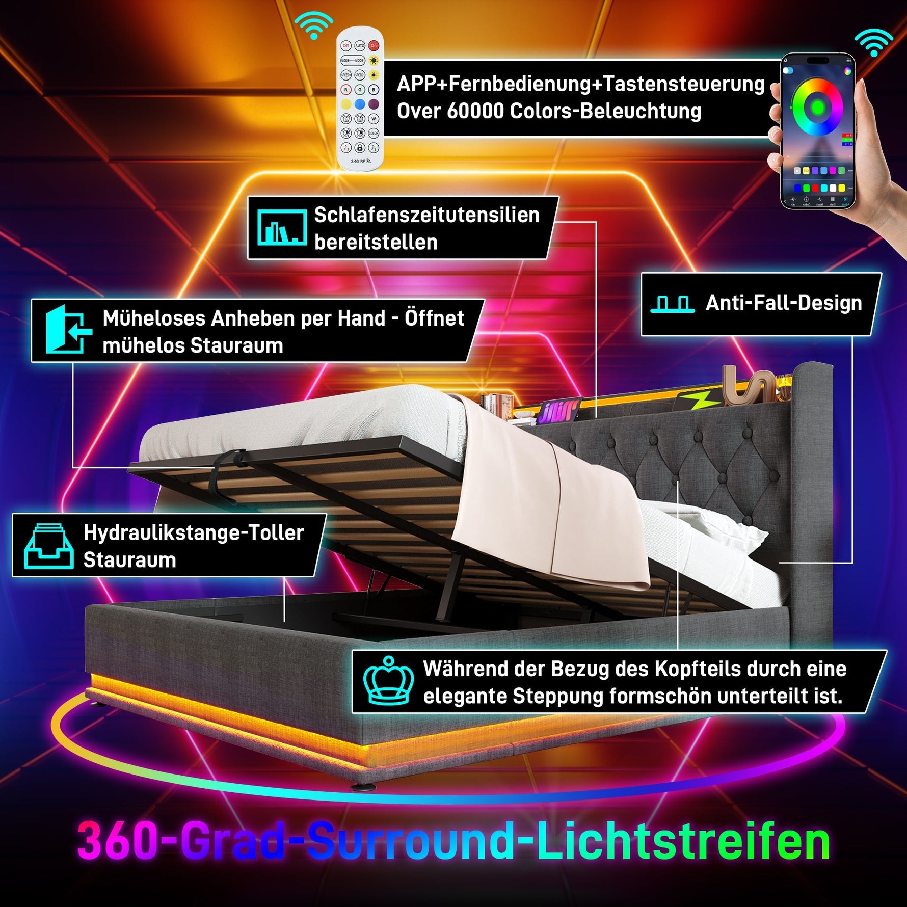 Upholstered Bed, 360 LED Hydraulic Storage with USB, Gray Linen