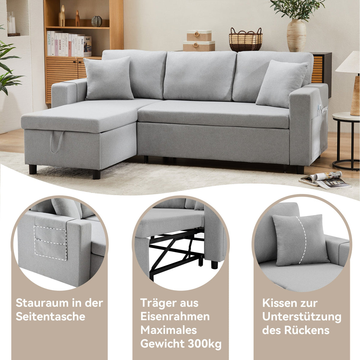 Sleeper Sofa L-Shaped Chaise Longue Reversible Storage with Pocket