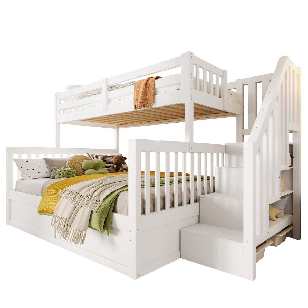 Bunk Bed 90/140x200cm Hydraulic Storage Ladder White