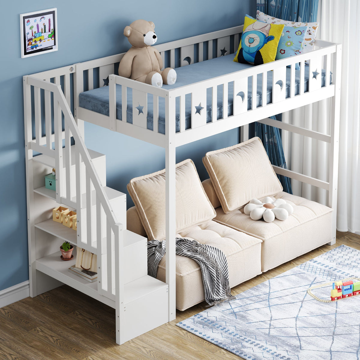 Bunk Bed, 90x200 with Stairs, Loft, Solid Wood, White
