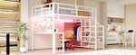 Metal Loft Bed with Storage Ladder, Wardrobe, Table and LED, 140x200cm, White Metal