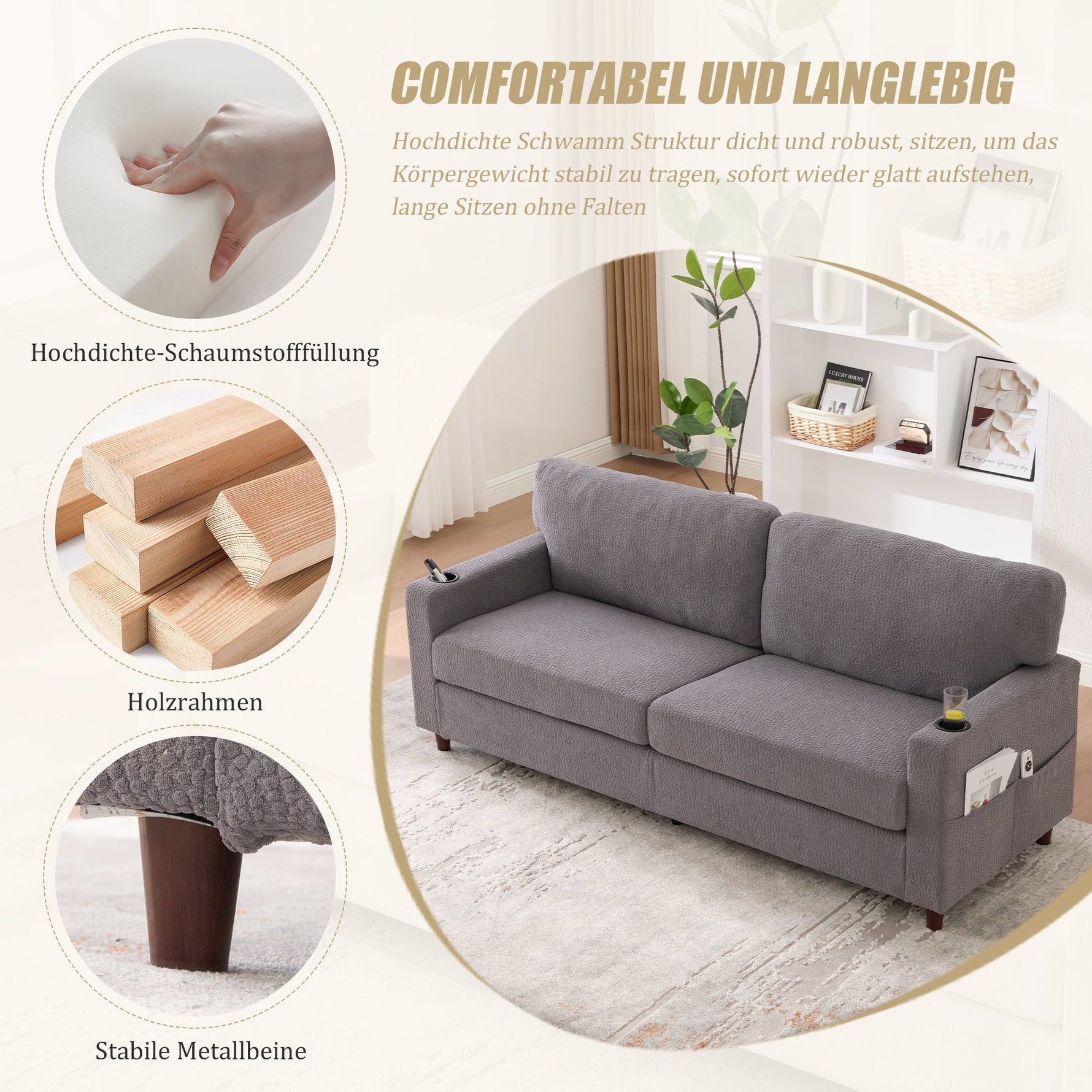 2-Seater Sofa USB-C LED Cup Holders & Pockets - Light Gray Chenille