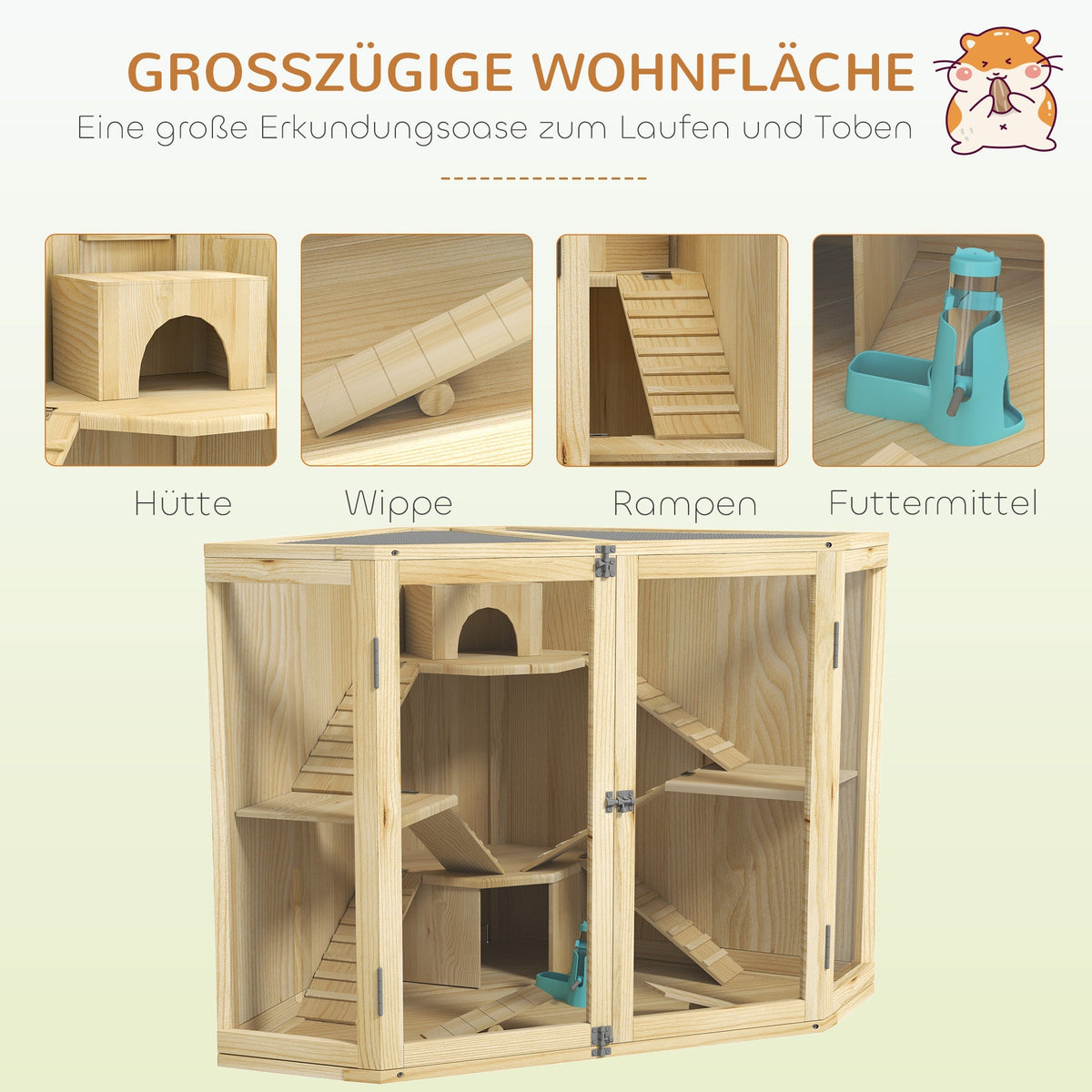 Wooden Hamster Cage, 4 Levels, Feeding Station, Seesaw, Ramp, Huts