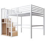 Bunk Bed with Safety Ladder and Storage Area, 140x200cm, White Iron Frame