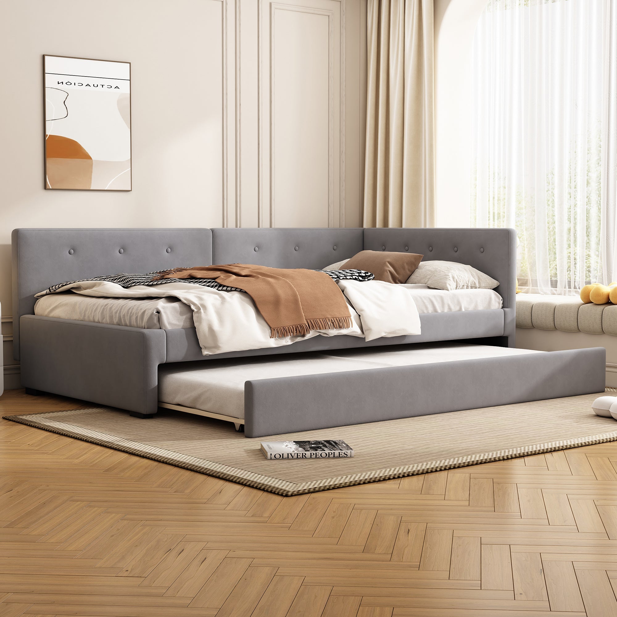 Daybed with Rollaway Bed, 90x200cm Single Sofa Bed and Lattenrost, Grey Velvet