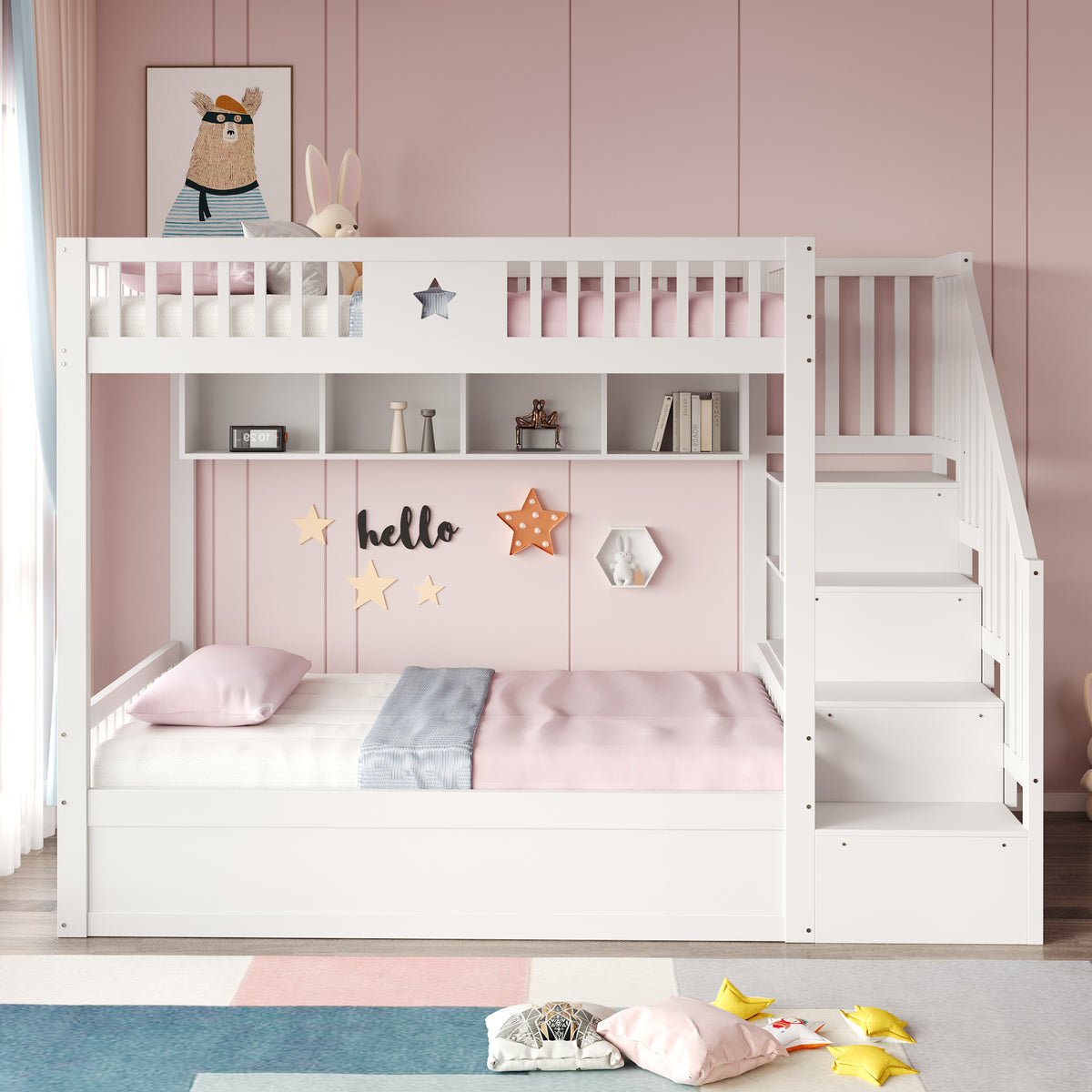 Wooden Bunk Bed 140x200cm with Hydraulic Storage & Stairs, White