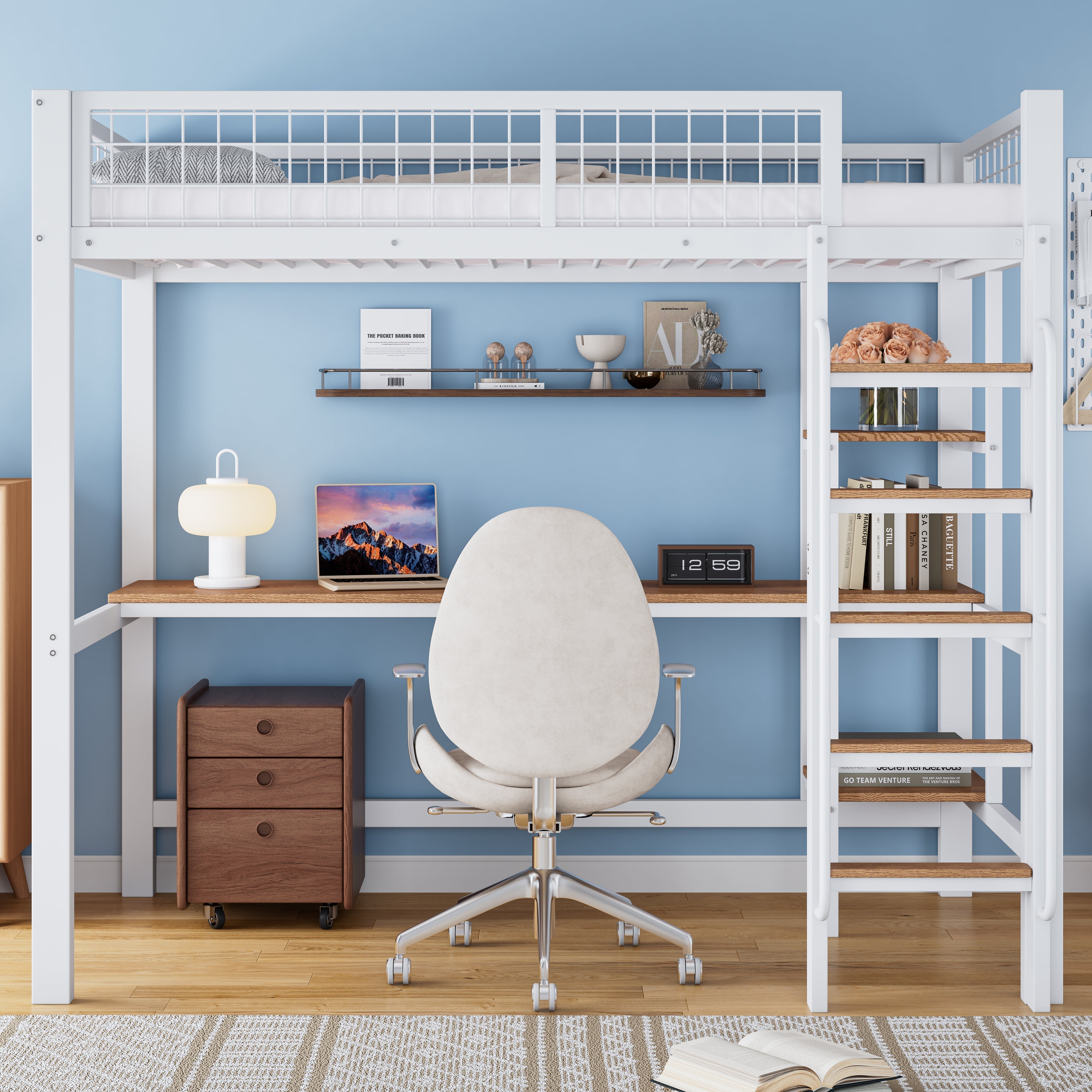 Iron Frame Bunk Bed with Table, Shelves, Ladder, Rail, 90x200cm, White + Natural Iron + MDF
