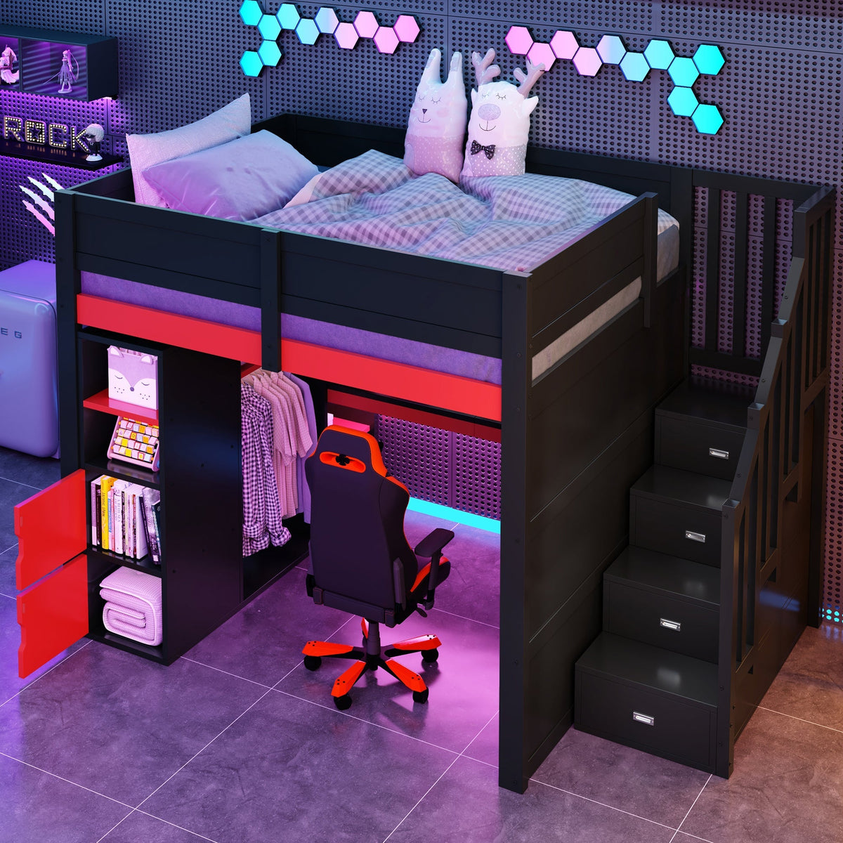 Gaming Wooden Loft Bed with Desk, Multi-Tier Storage, LED Lighting, USB Port and Staircase, Black and Red