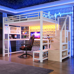 Loft Bed 140x200cm with Desk, Shelves & LED Lighting, White