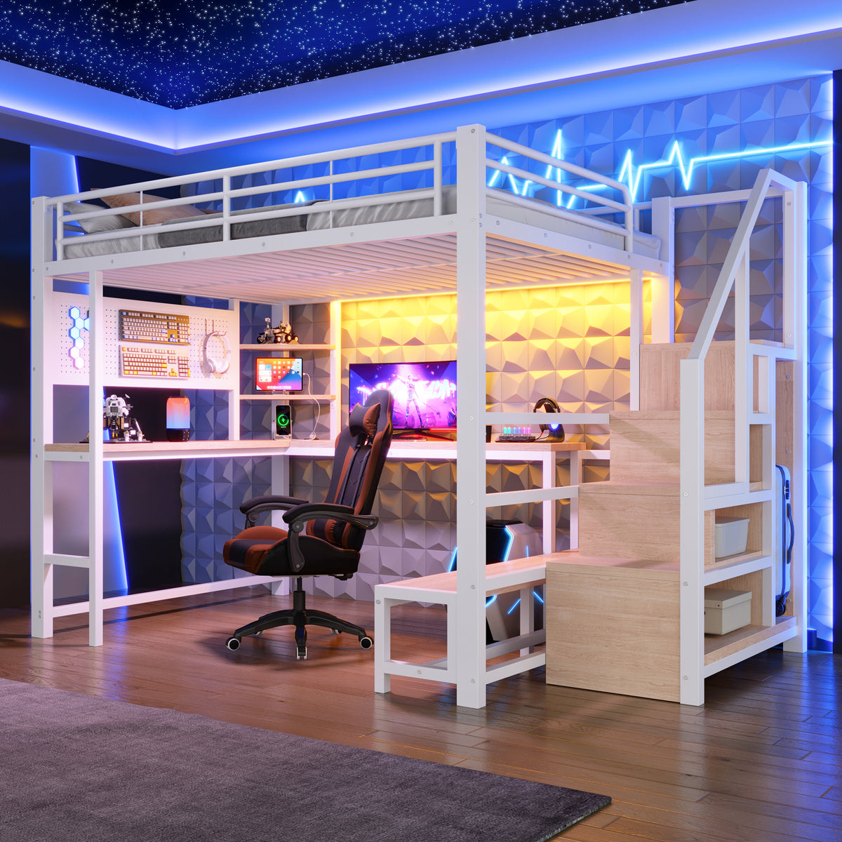 Loft Bed 140x200cm with Desk, Shelves & LED Lighting, White