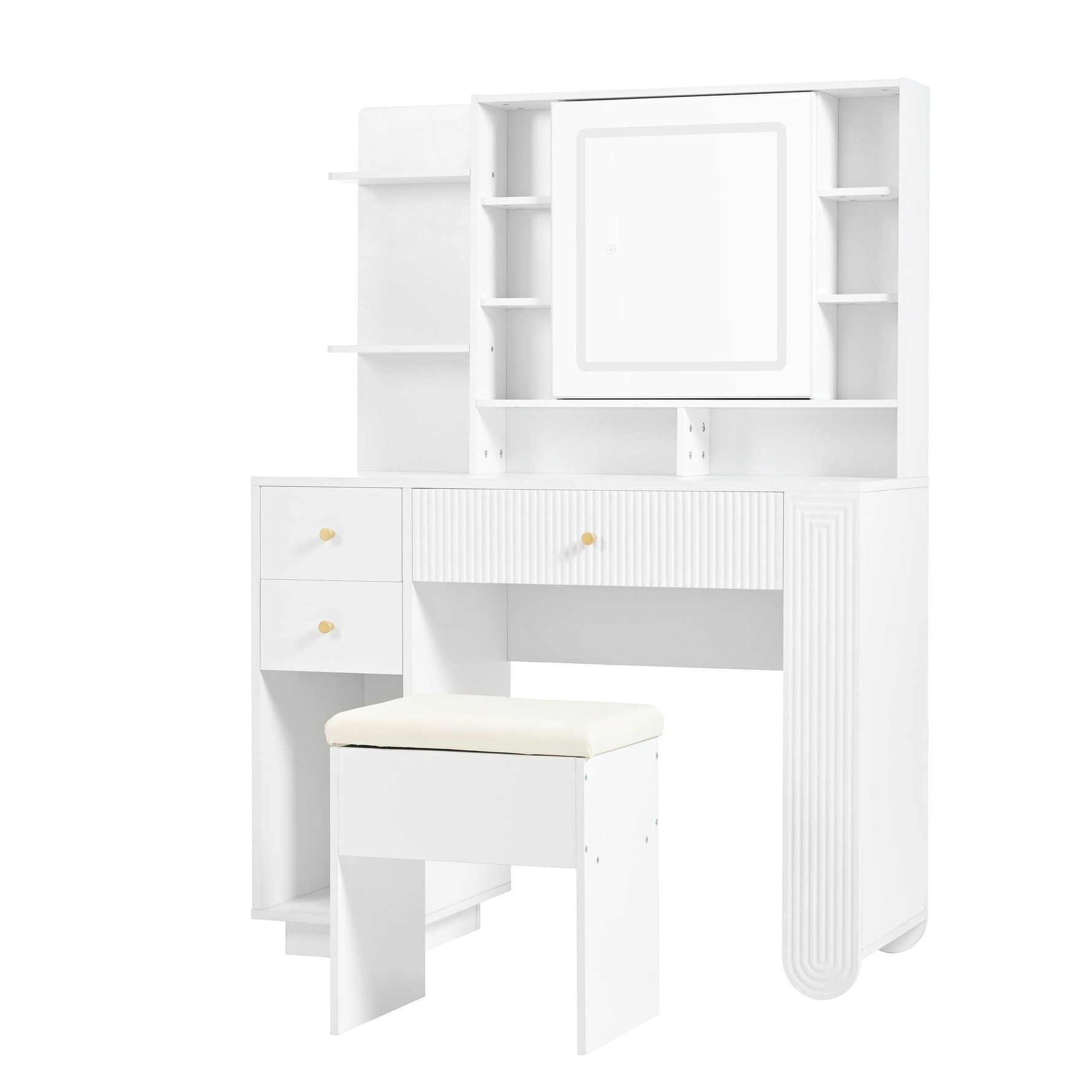 Illuminated Dressing Table with Mirror and Stool, Adjustable Brightness and Storage Drawers, White