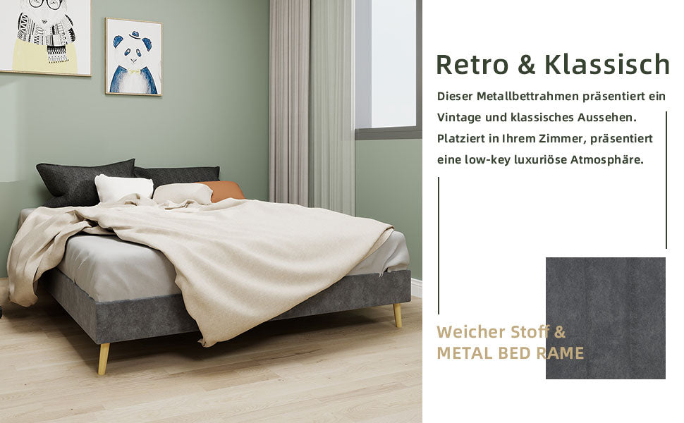 Modern Minimalist Bed Frame - 160x200 cm, Low-Profile, Grey Dutch Velvet