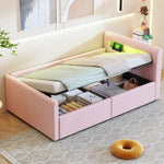 Upholstered Children's Bed 90x200cm LED USB Storage Velvet Pink