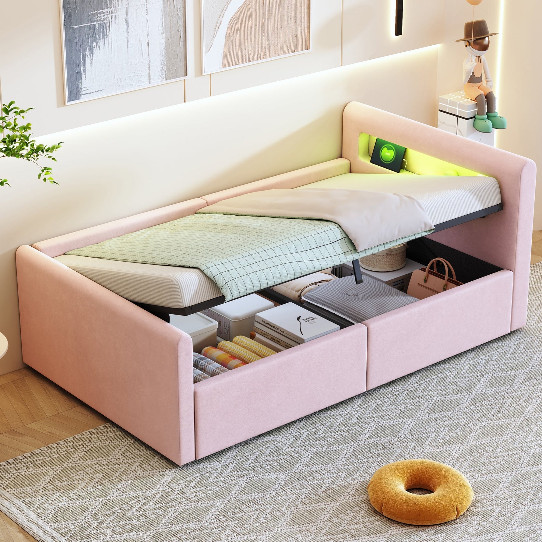 Upholstered Children's Bed 90x200cm LED USB Storage Velvet Pink