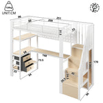 Loft Bed 90x200cm with Desk, Drawer & LED - White Metal