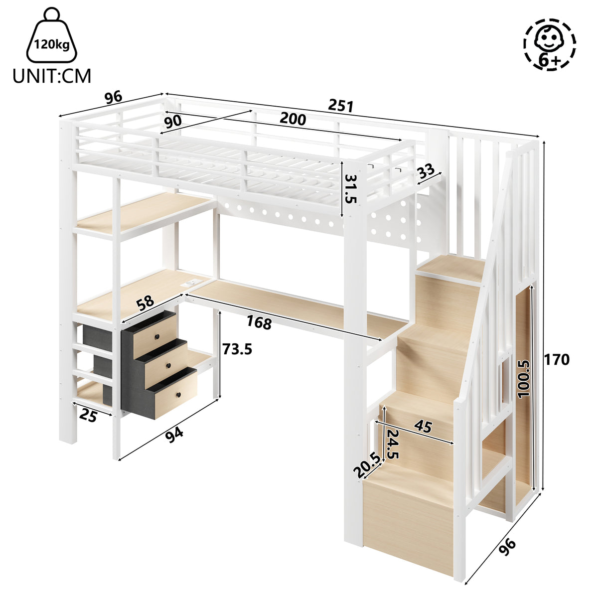 Loft Bed 90x200cm with Desk, Drawer & LED - White Metal