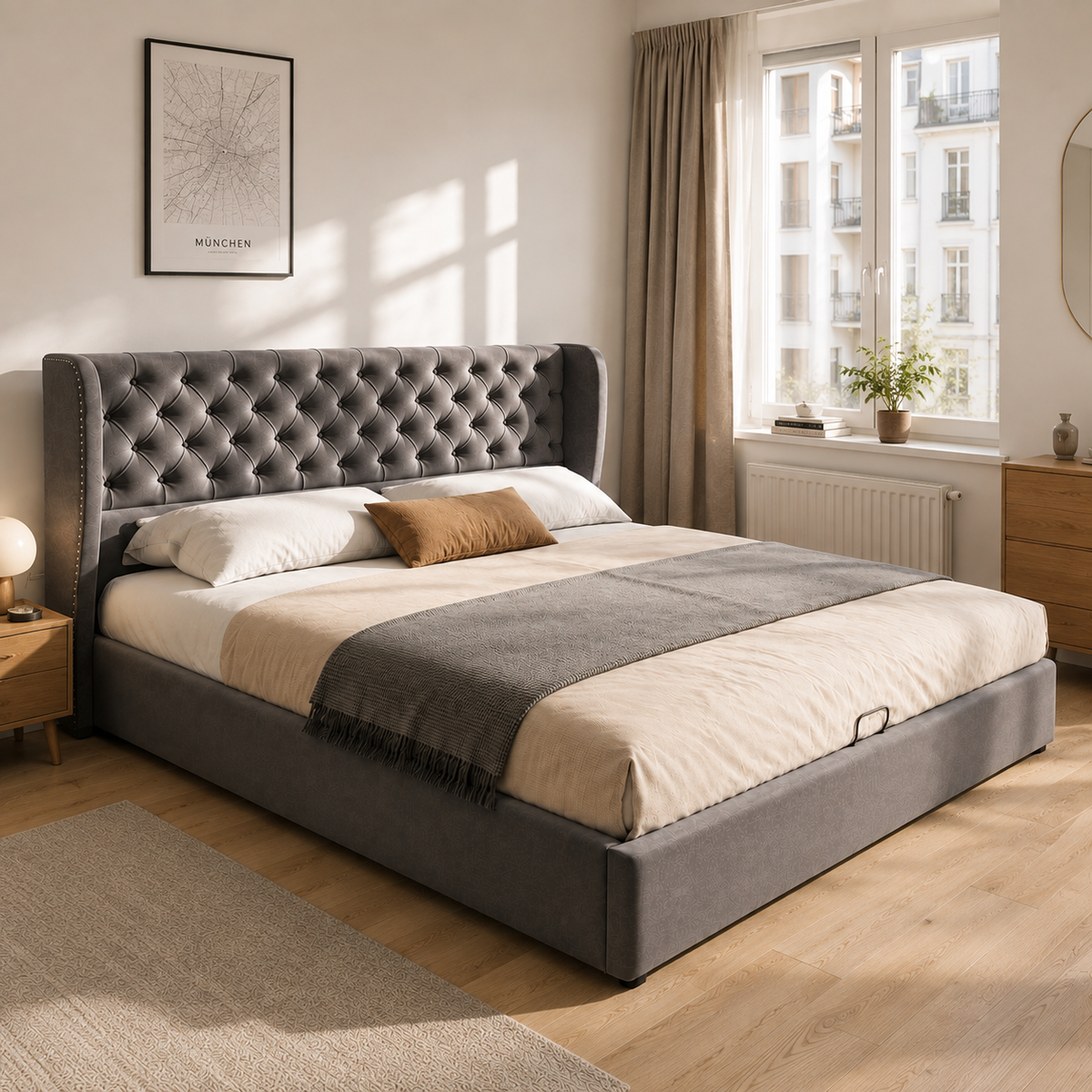 Upholstered Double Bed 180x200cm Hydraulic Storage, Grey Velvet