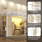 Loft Bed 90x200cm with Desk, Storage & LED Light - White Iron Frame