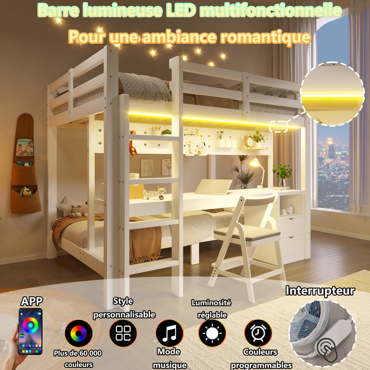 Loft Bed with Desk and Drawers, 90x200 & 140x200 cm, Pine Wood