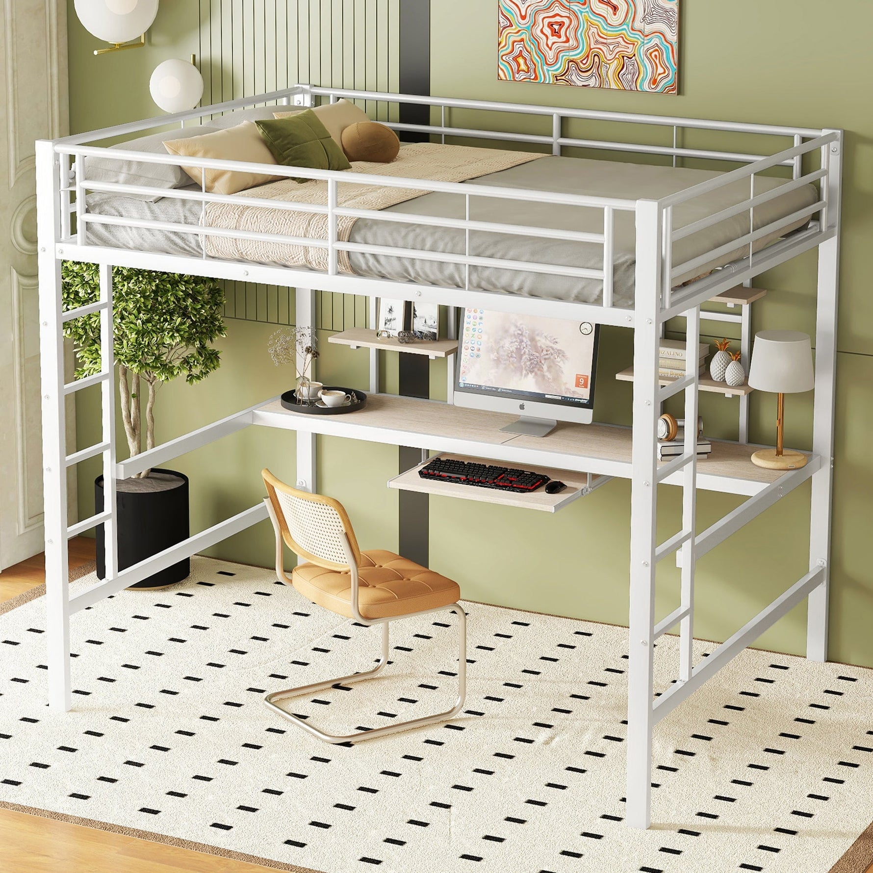 Loft Bed with Desk and Bookshelves, 140x200 cm Metal Frame, White