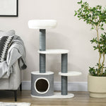 Cat Tree 98cm, Scratching Board, Cave, 3 Platforms, Grey and White