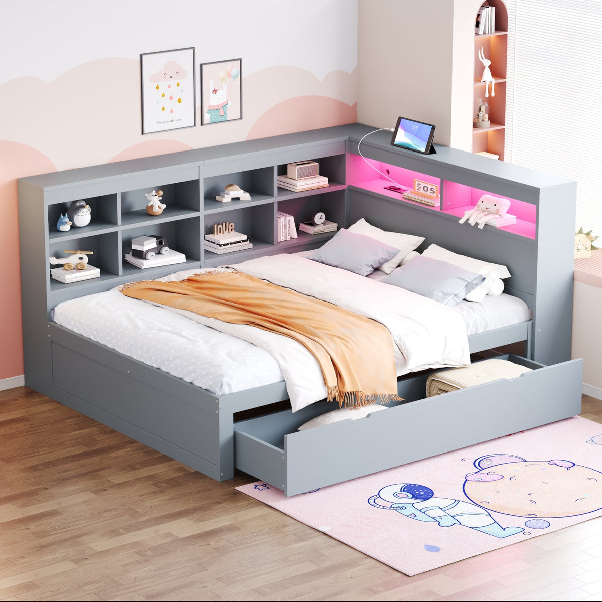 Solid Wood Sofa 140x200cm, Extra Large Drawers, USB, LED, Grey
