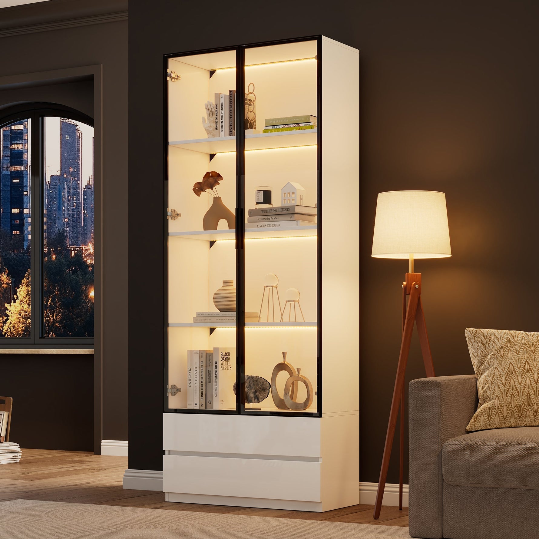 Display Cabinet 80x34x200cm Tall with LED Lights 2 Doors Aluminum Frame White