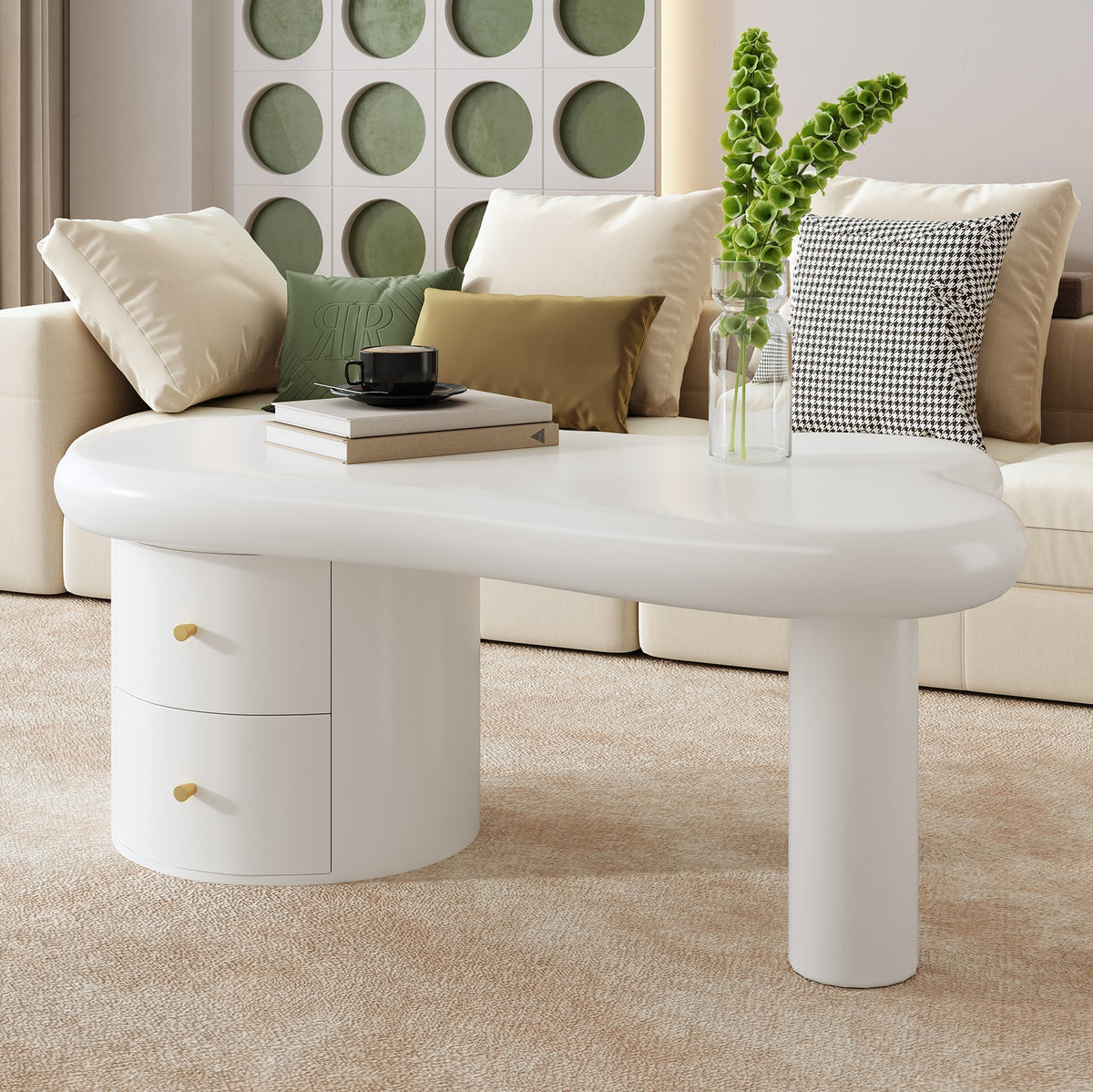 Coffee Table, Irregular Shape 2-Drawer Space-Saving Stylish Stable, White