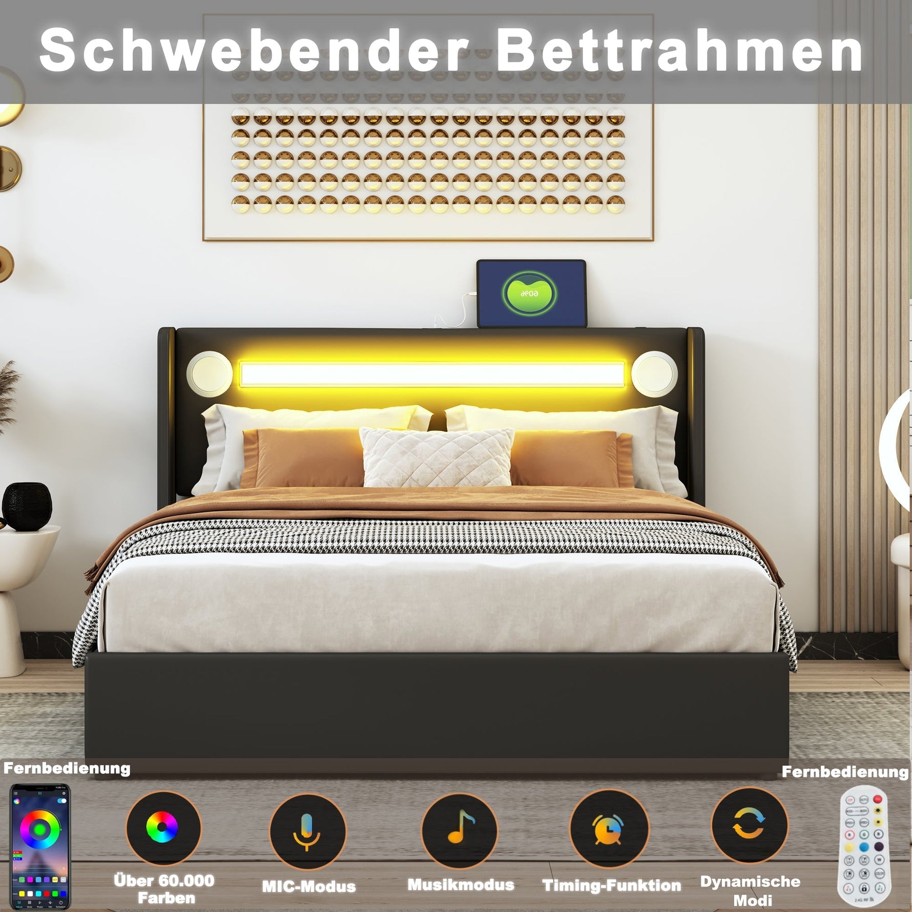 Upholstered Bed, 160x200cm LED & Bluetooth Storage, Black PU Leather