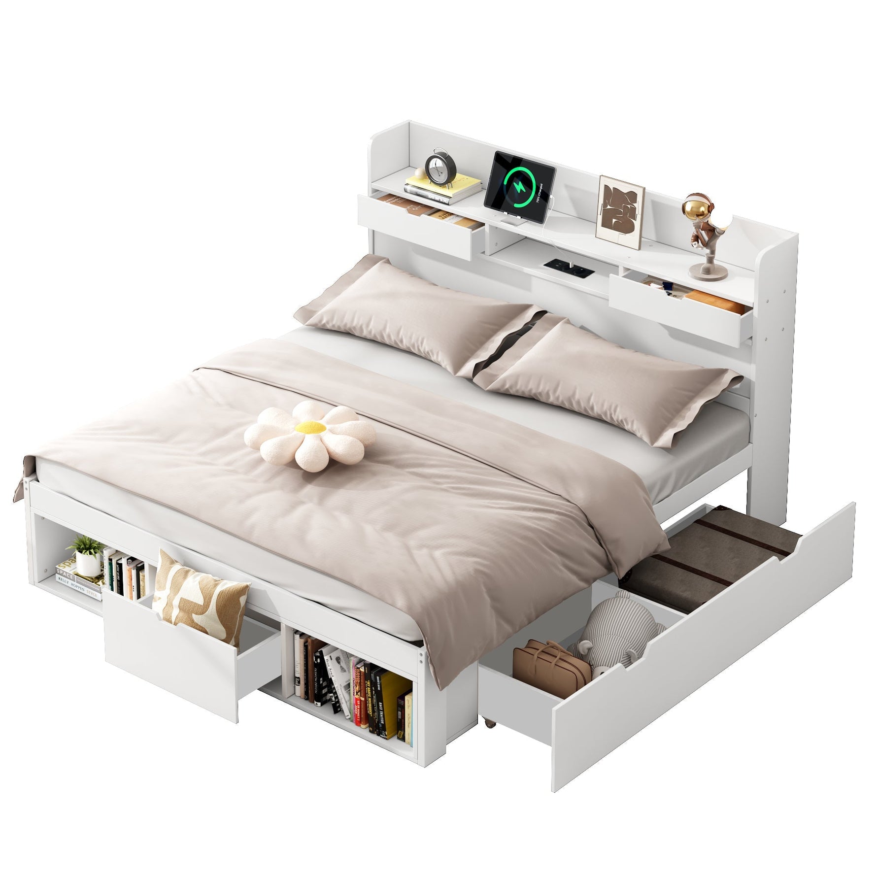 Multifunctional Double Bed with USB Port, Drawers and Storage Cabinet, 160x200cm, White