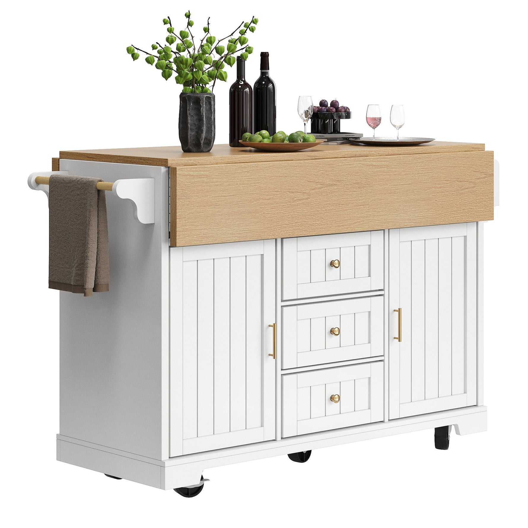 Kitchen Island Extendable Mobile 2 Doors 3 Drawers Spice Rack - Black/White