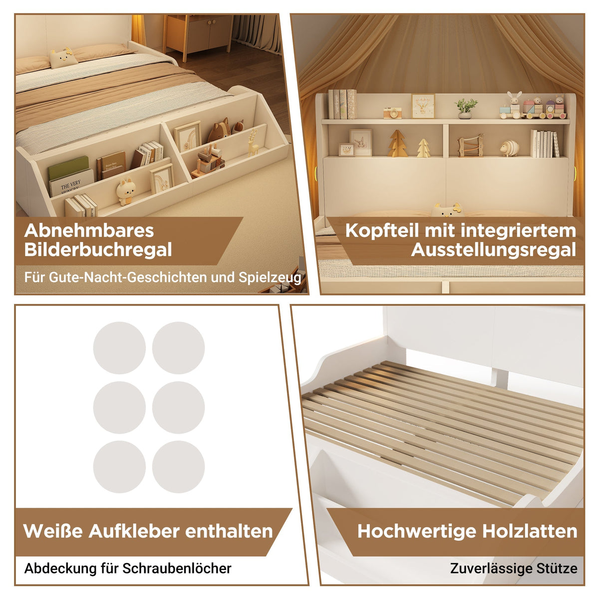 Wooden Double Bed 140x200cm Youth Bed with Shelves Nightlights Bookshelf Pure White