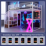 Loft Bed 140x200cm with Desk, Wardrobe & LED Lights, White