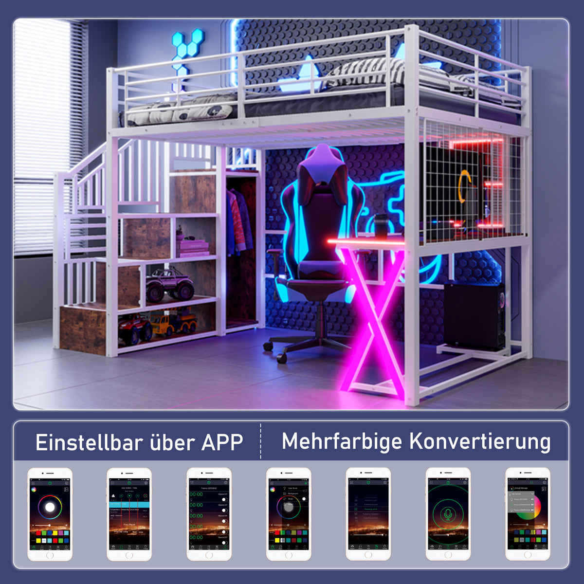 Loft Bed 140x200cm with Desk, Wardrobe & LED Lights, White