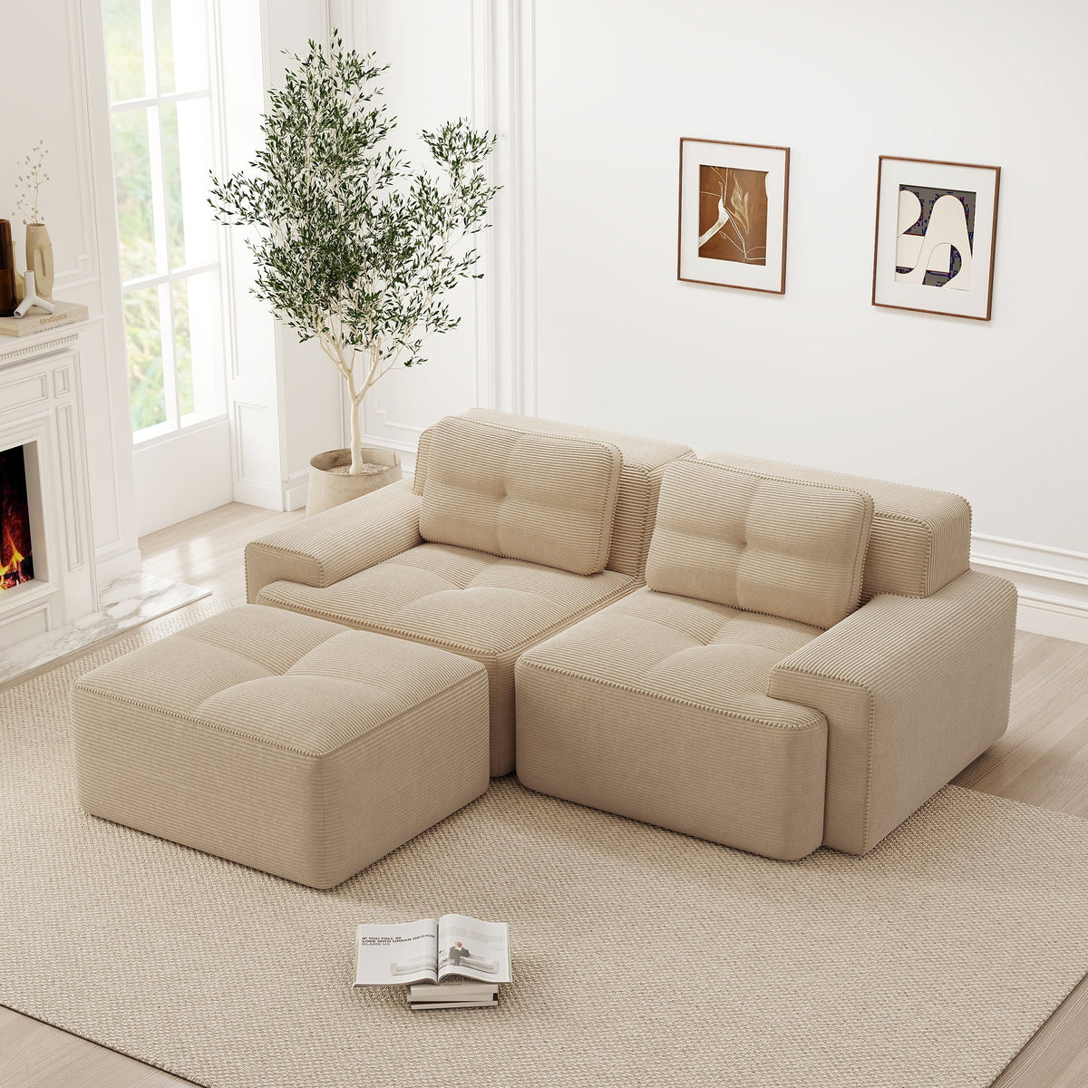 Boneless Modular Sofa L-Shape Deep Seat Sleeper with Ottoman Corduroy Beige