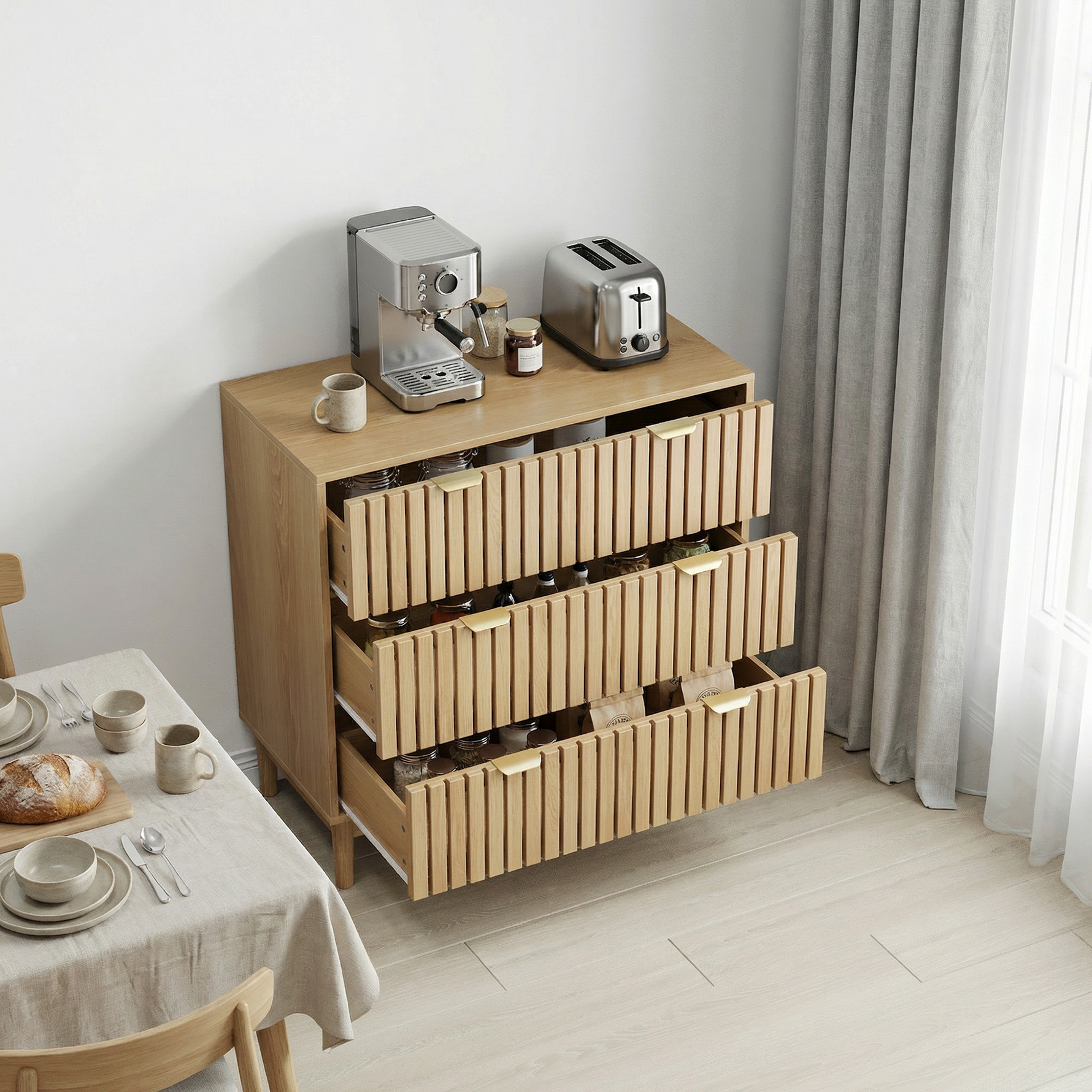 Modern Chest of Drawers, 3 Drawer Medieval Country Style Storage Cabinet for Bedroom and Living Room, Oak Wood