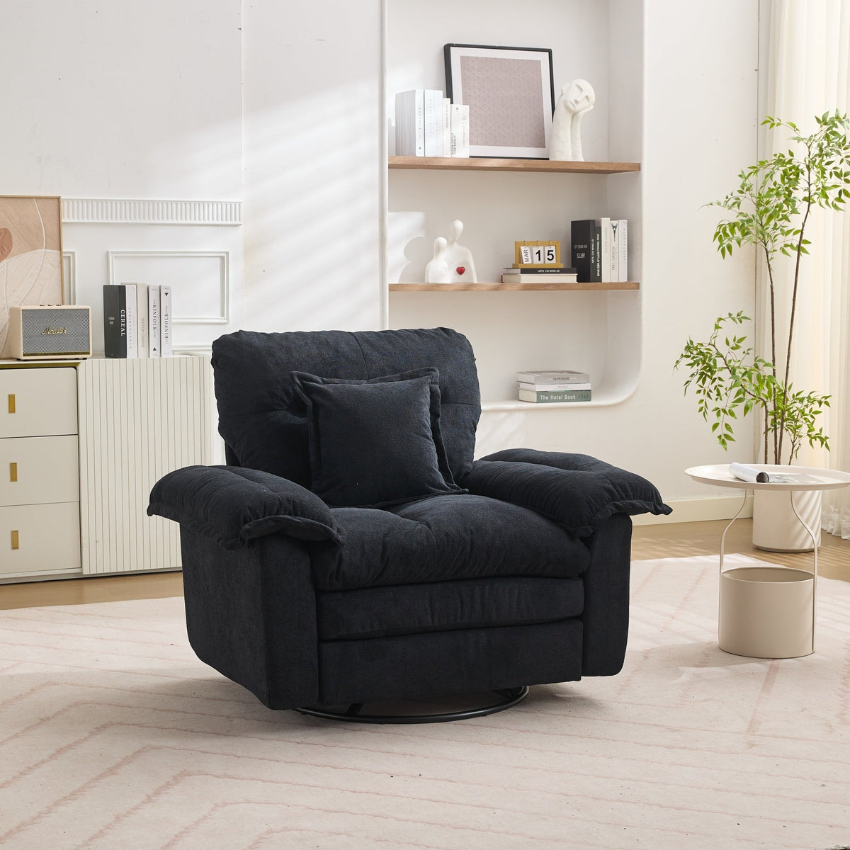 Oversized Chenille Armchair with 360° Swivel and Support Cushion, Light Gray