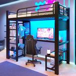 Loft Bed 90x200cm with LED Light & Desk - Black Metal