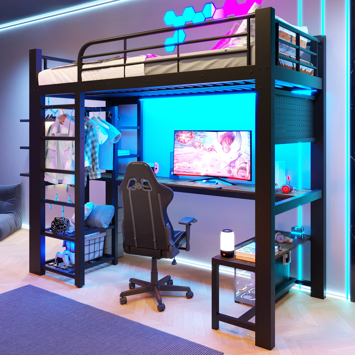 Loft Bed 90x200cm with LED Light & Desk - Black Metal