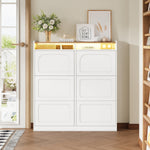 Shoe Cabinet 6 Drop-Down Compartments LED Lighting Open Storage White Natural Finish