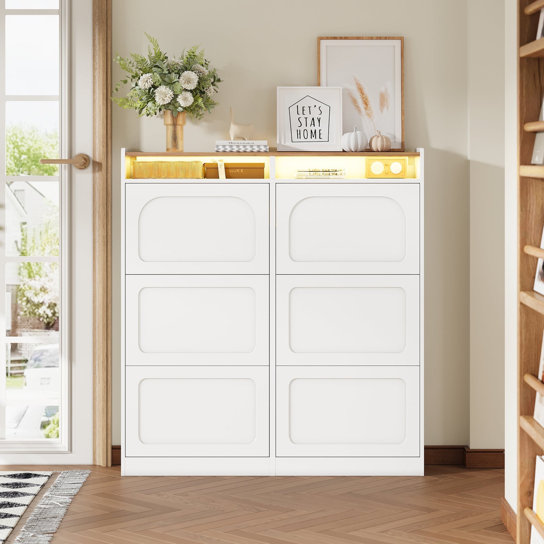 Shoe Cabinet 6 Drop-Down Compartments LED Lighting Open Storage White Natural Finish