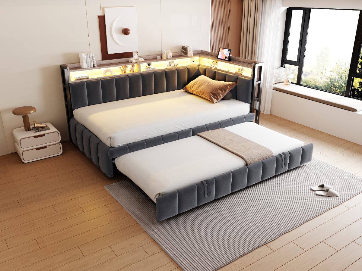 Upholstered Sofa Bed 90x200cm, Trundle & Storage, Dark Grey Velvet