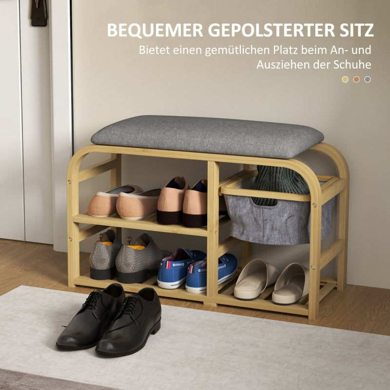 2-Tier Shoe Bench, Extendable Basket, 2 Shoe Shelves, Bamboo Grey