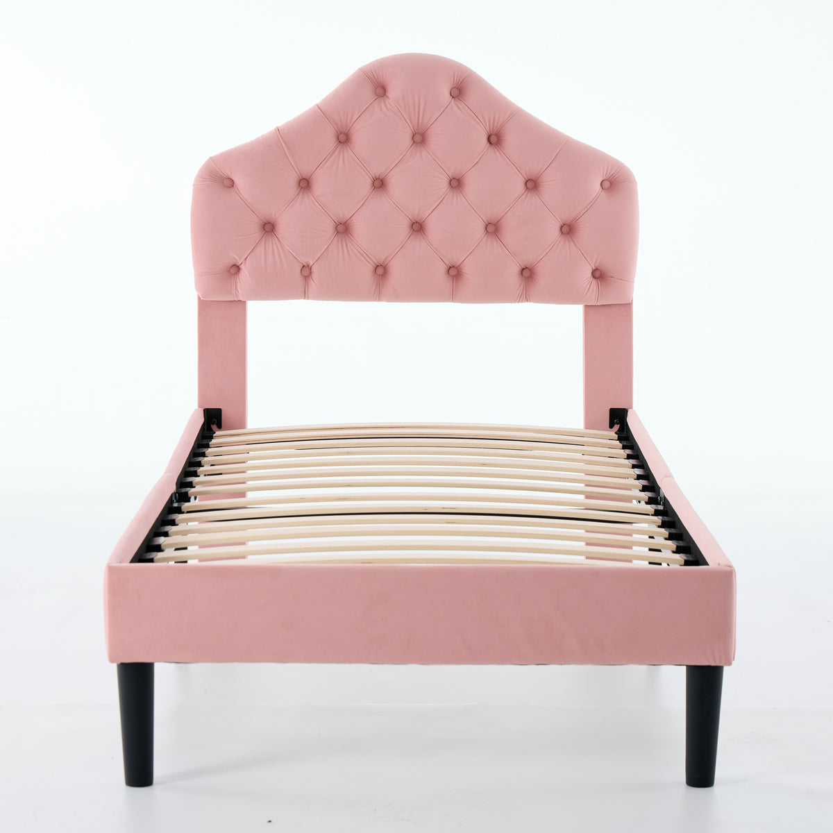 Upholstered Platform Bed Frame with Headboard, 90x200cm, Pink Velvet