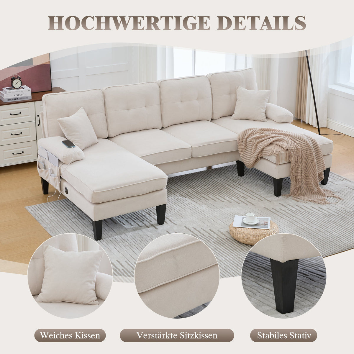 U-shaped Sofa Large 4-Seater Two Chaise Lounges Linen Fabric Beige