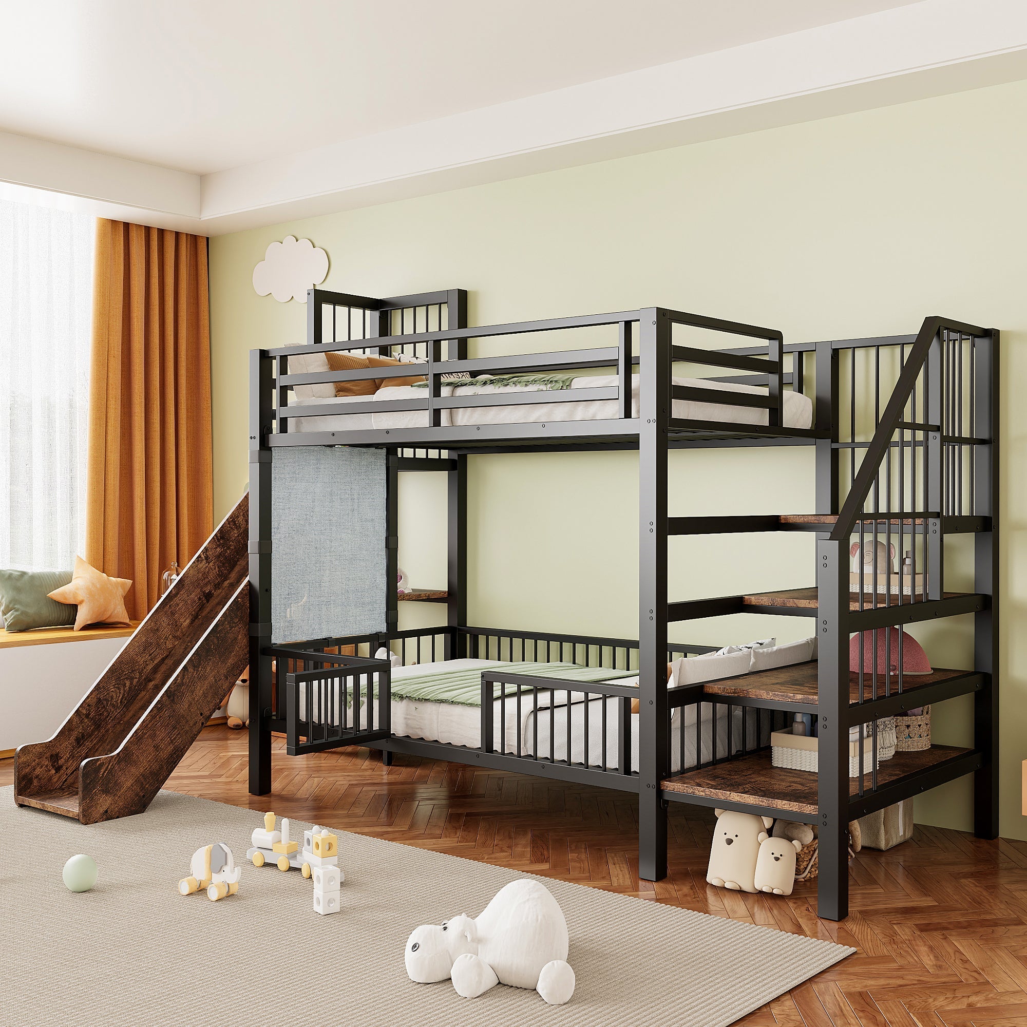 Children's Metal Loft Bed with Slide, Storage Stairs and Shelves, Black