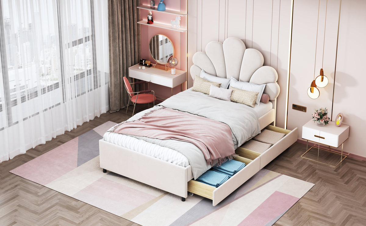 Upholstered Children's Bed 90x200cm Floral Headboard Storage Velvet Beige
